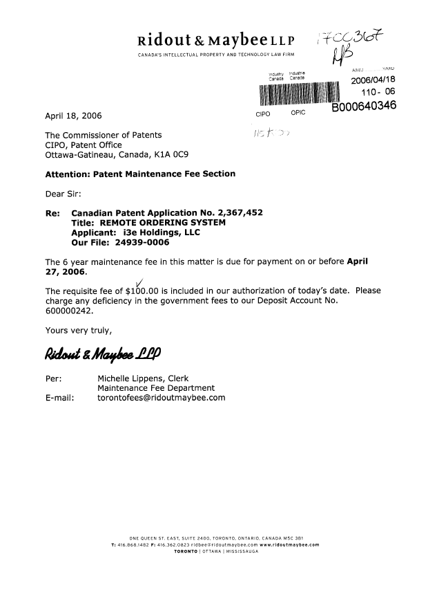 Canadian Patent Document 2367452. Fees 20060418. Image 1 of 1
