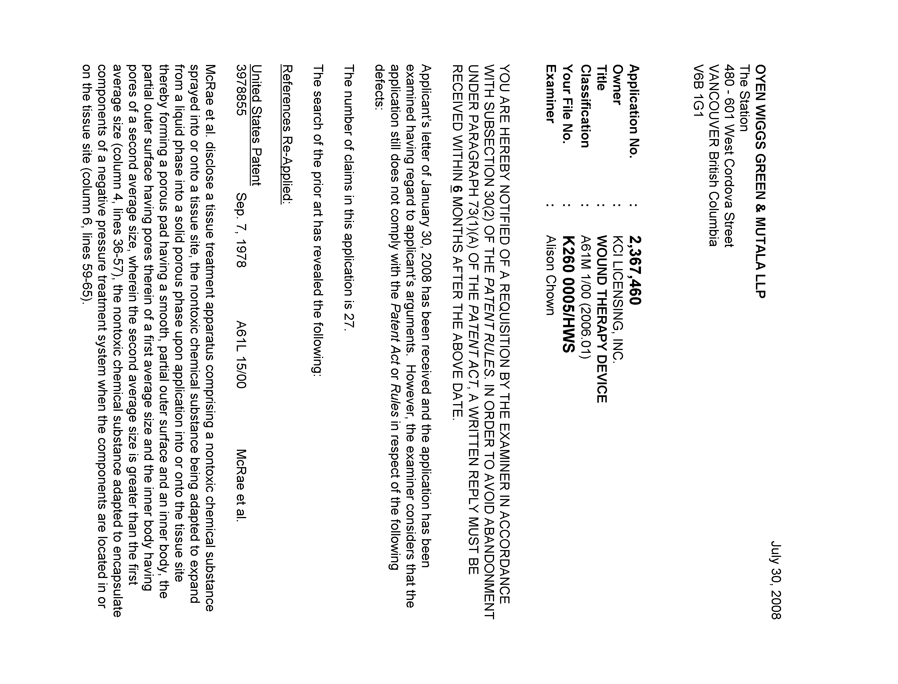 Canadian Patent Document 2367460. Prosecution-Amendment 20071230. Image 1 of 2