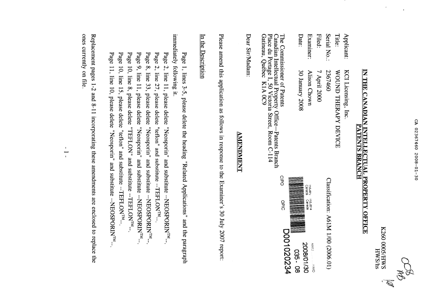 Document de brevet canadien 2367460. Poursuite-Amendment 20071230. Image 1 de 10