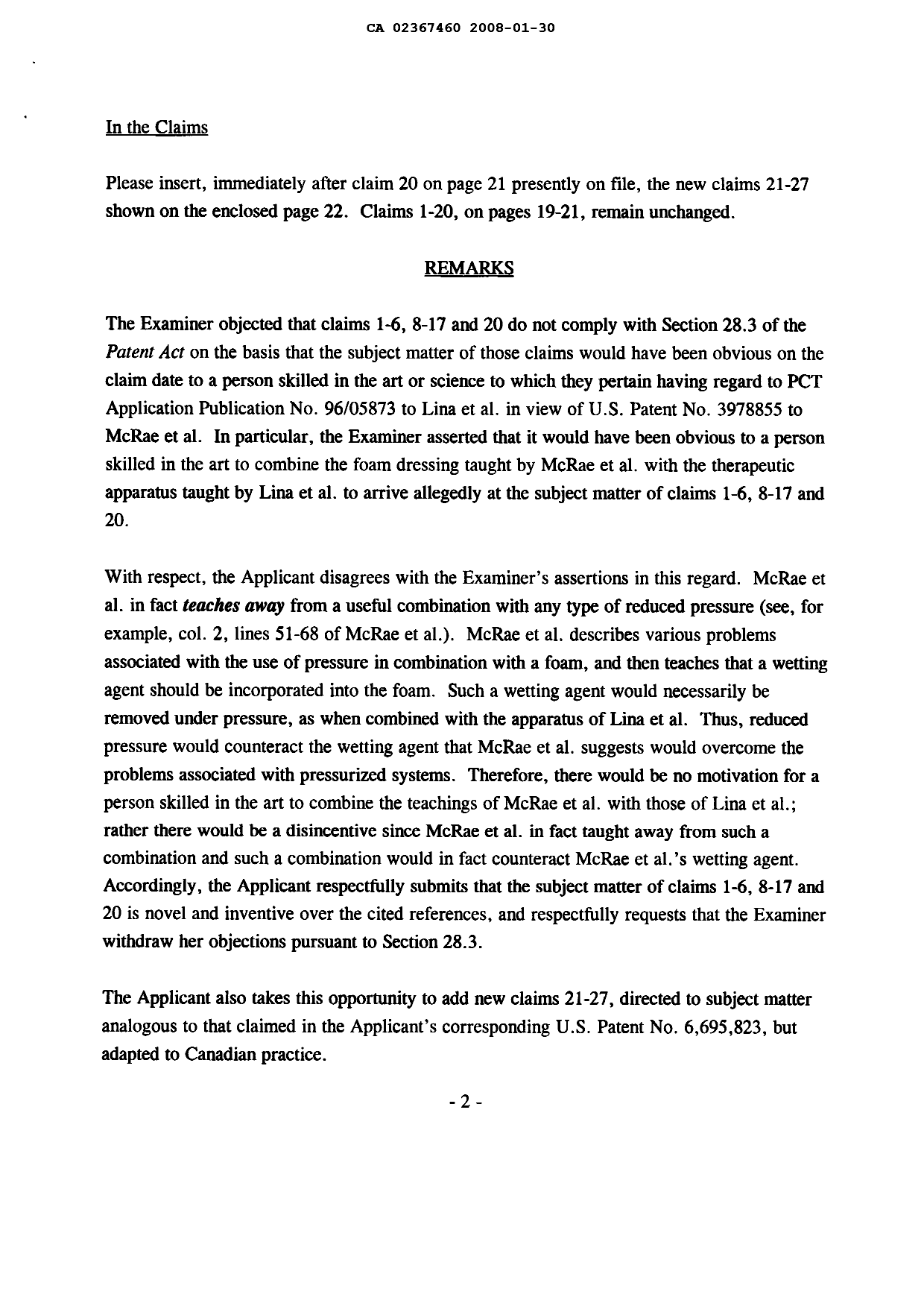 Document de brevet canadien 2367460. Poursuite-Amendment 20071230. Image 2 de 10