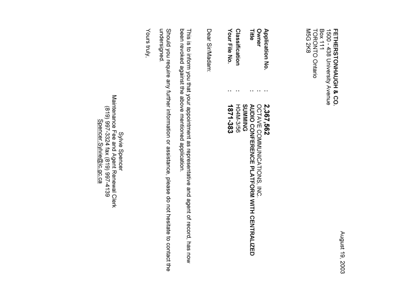 Document de brevet canadien 2367562. Correspondance 20030819. Image 1 de 1