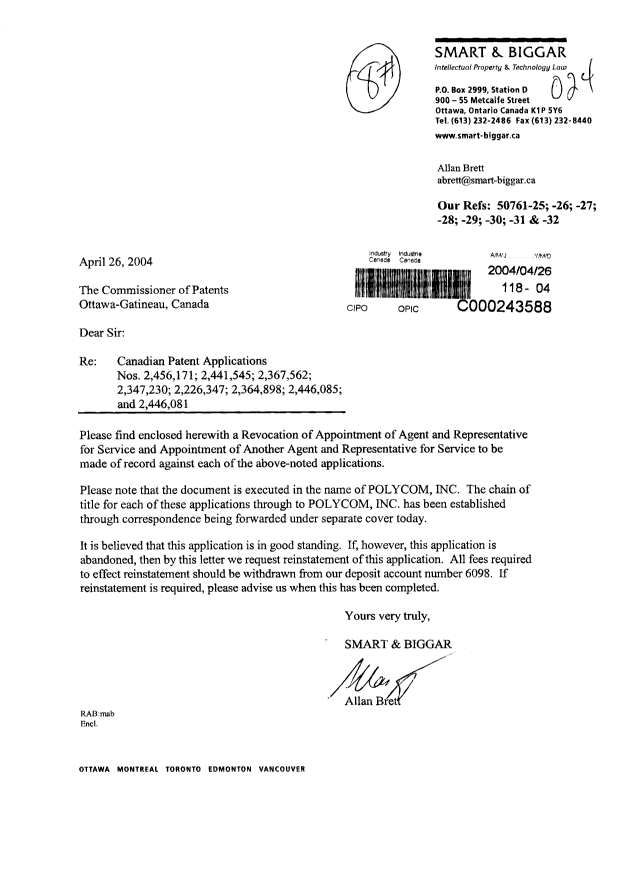 Document de brevet canadien 2367562. Correspondance 20040426. Image 1 de 2