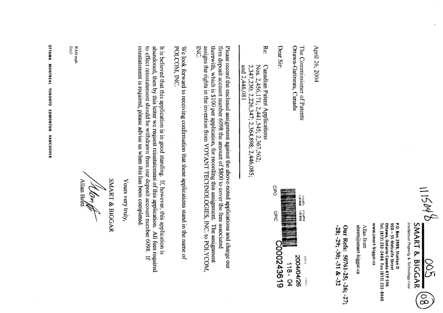 Document de brevet canadien 2367562. Cession 20040426. Image 1 de 13