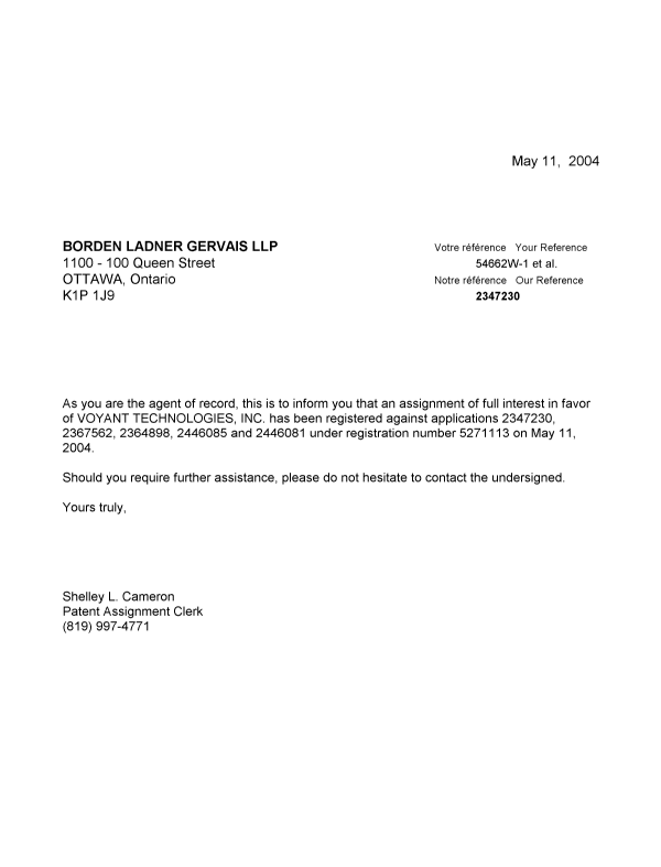 Document de brevet canadien 2367562. Correspondance 20040511. Image 1 de 1