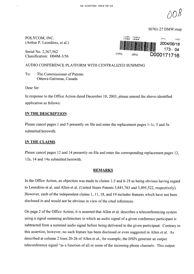 Document de brevet canadien 2367562. Poursuite-Amendment 20040618. Image 1 de 14
