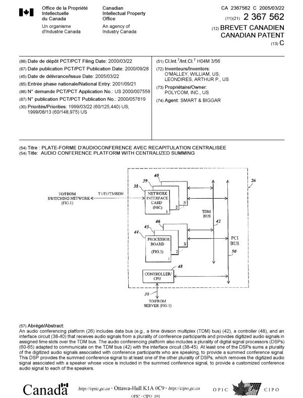 Document de brevet canadien 2367562. Page couverture 20050222. Image 1 de 1
