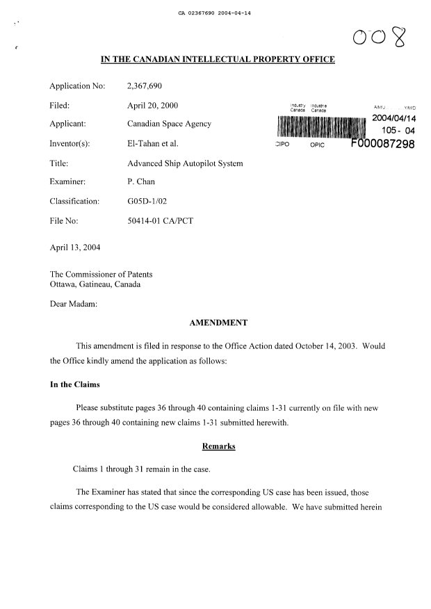 Canadian Patent Document 2367690. Prosecution-Amendment 20031214. Image 1 of 7