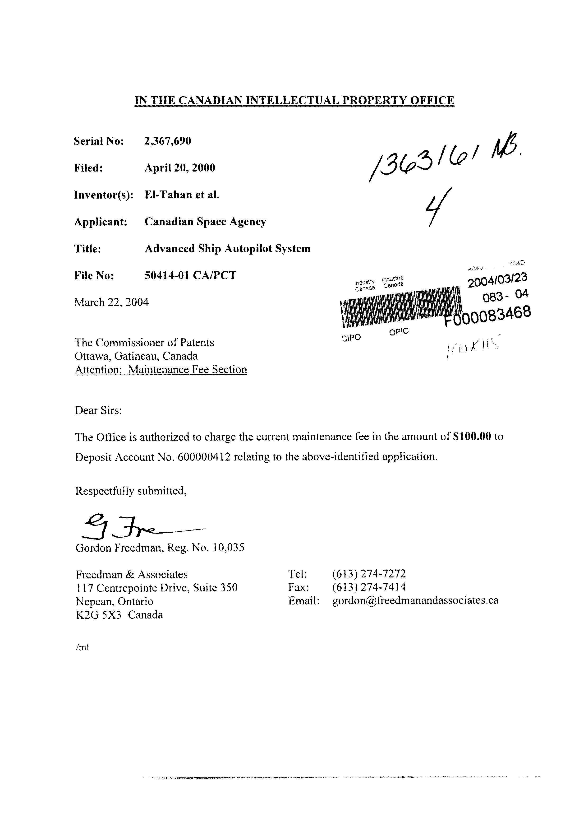 Canadian Patent Document 2367690. Fees 20040323. Image 1 of 1