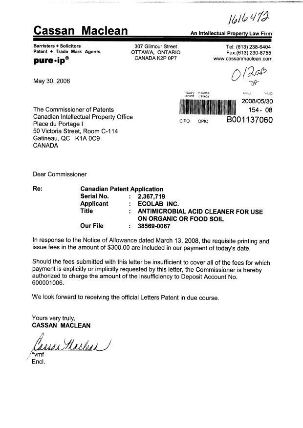 Document de brevet canadien 2367719. Correspondance 20080530. Image 1 de 1