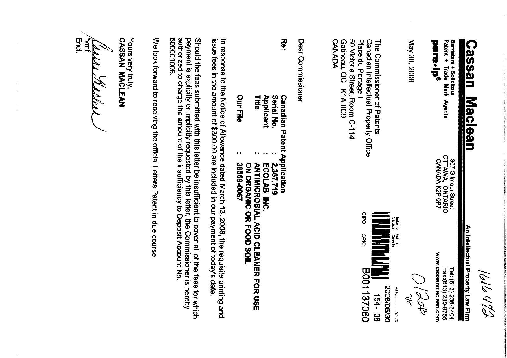 Canadian Patent Document 2367719. Correspondence 20080530. Image 1 of 1