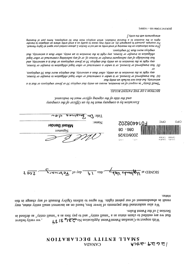 Document de brevet canadien 2368184. Correspondance 20080326. Image 1 de 1
