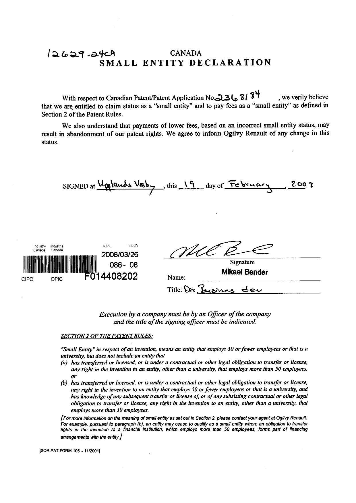 Canadian Patent Document 2368184. Correspondence 20080326. Image 1 of 1