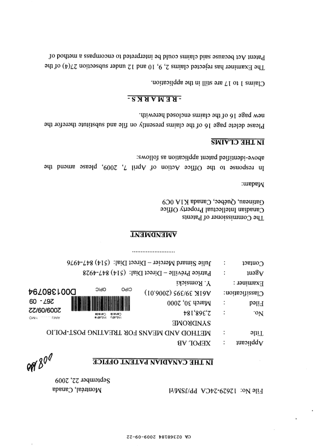 Document de brevet canadien 2368184. Poursuite-Amendment 20090922. Image 1 de 5