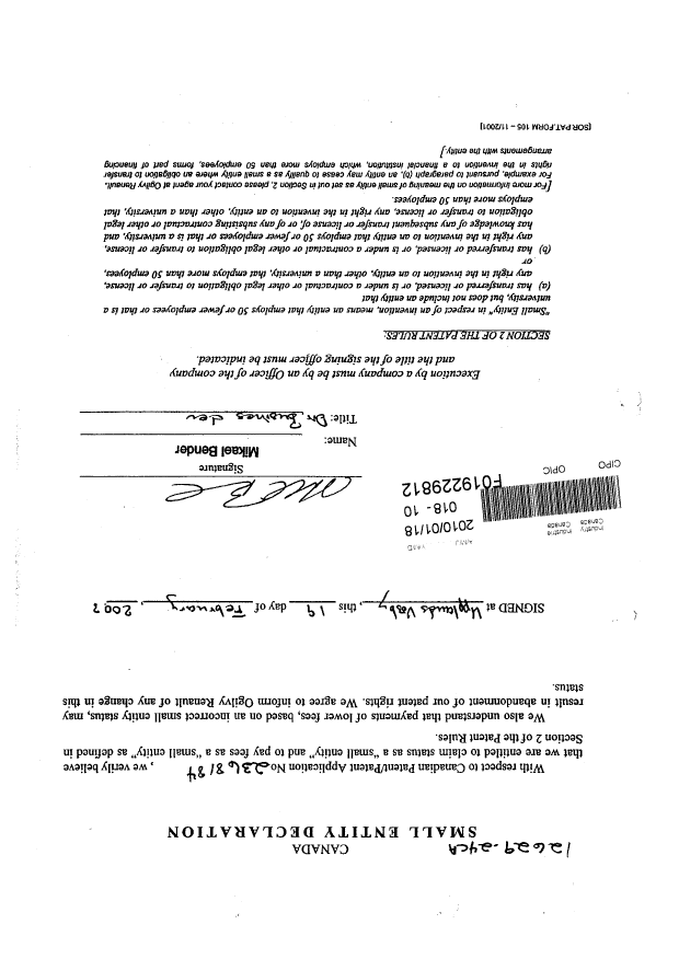 Document de brevet canadien 2368184. Correspondance 20100118. Image 1 de 2