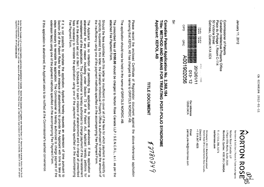 Document de brevet canadien 2368184. Cession 20120111. Image 1 de 4