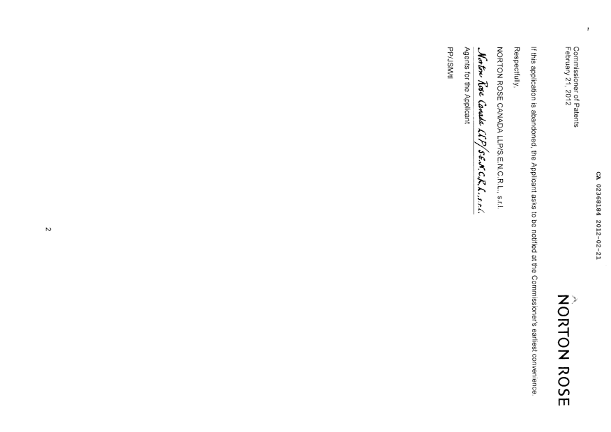 Document de brevet canadien 2368184. Correspondance 20120221. Image 2 de 3
