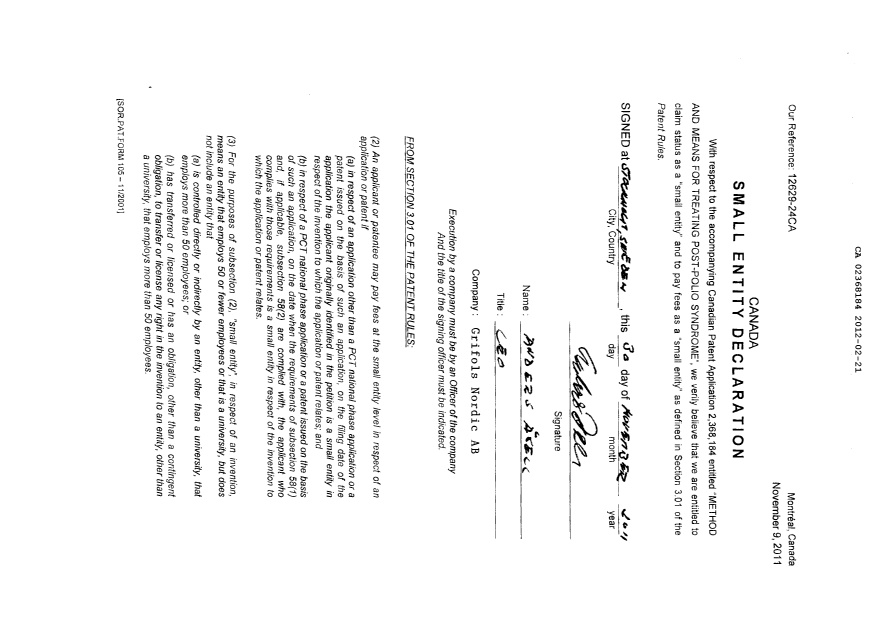 Document de brevet canadien 2368184. Correspondance 20120221. Image 3 de 3
