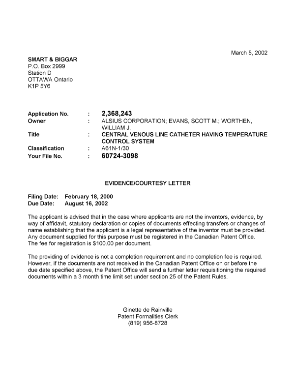 Document de brevet canadien 2368243. Correspondance 20020228. Image 1 de 1