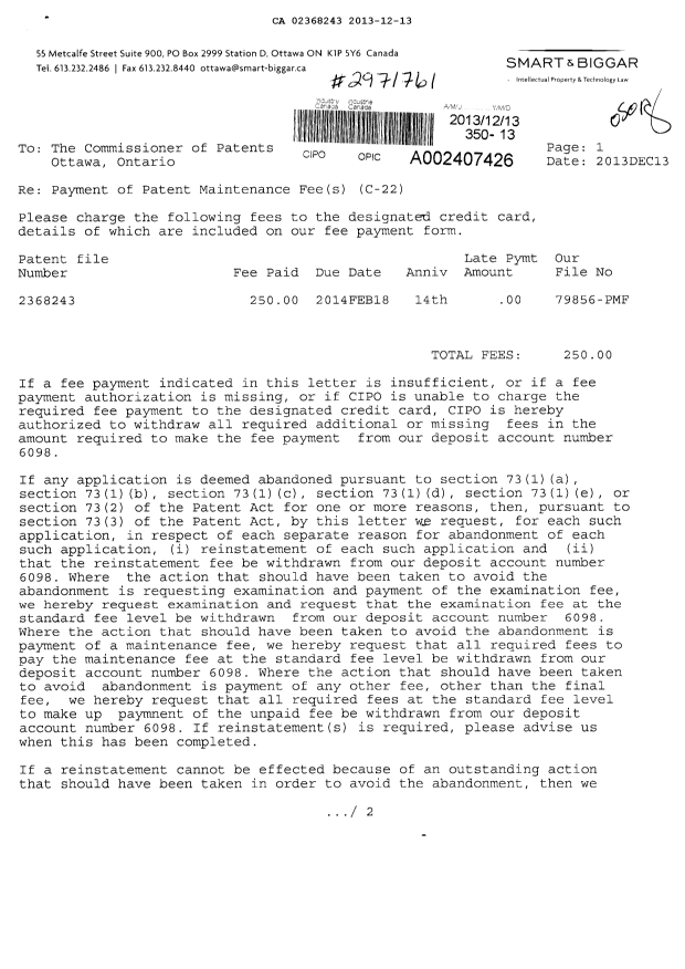 Document de brevet canadien 2368243. Taxes 20131213. Image 1 de 2