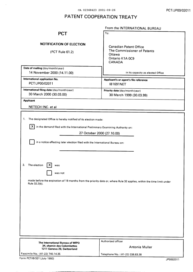 Document de brevet canadien 2368423. PCT 20010926. Image 1 de 13