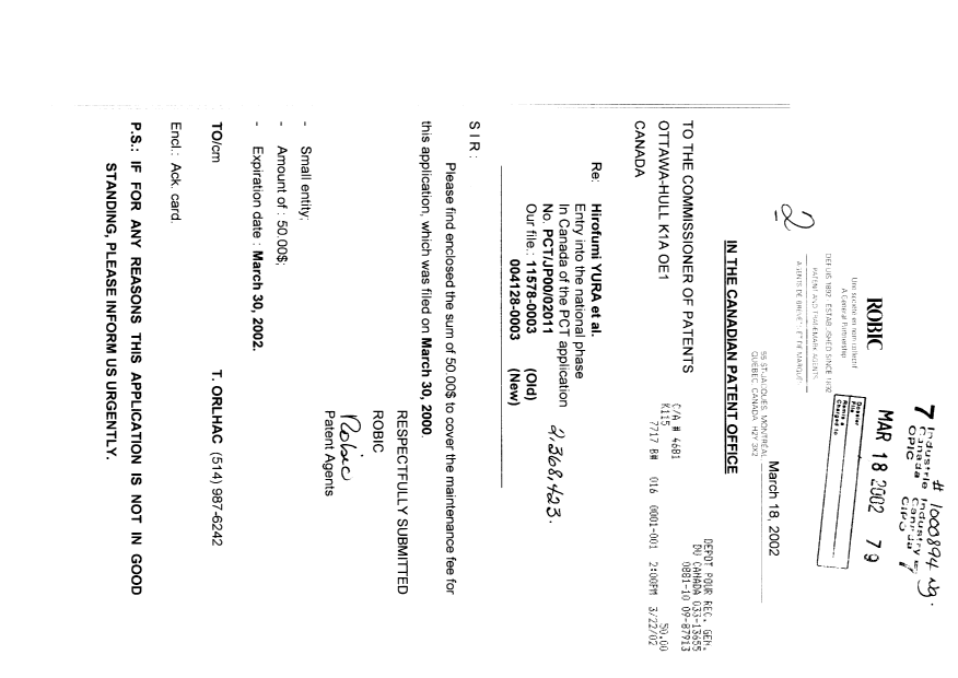 Document de brevet canadien 2368423. Taxes 20020318. Image 1 de 1