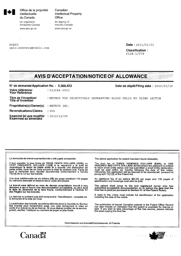 Document de brevet canadien 2368423. Correspondance 20110131. Image 1 de 1