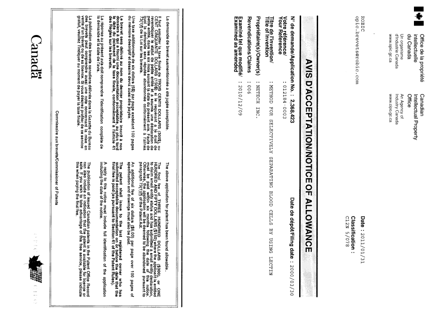 Canadian Patent Document 2368423. Correspondence 20110131. Image 1 of 1