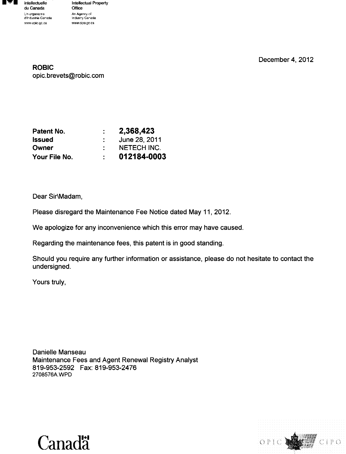 Document de brevet canadien 2368423. Correspondance 20121204. Image 1 de 1