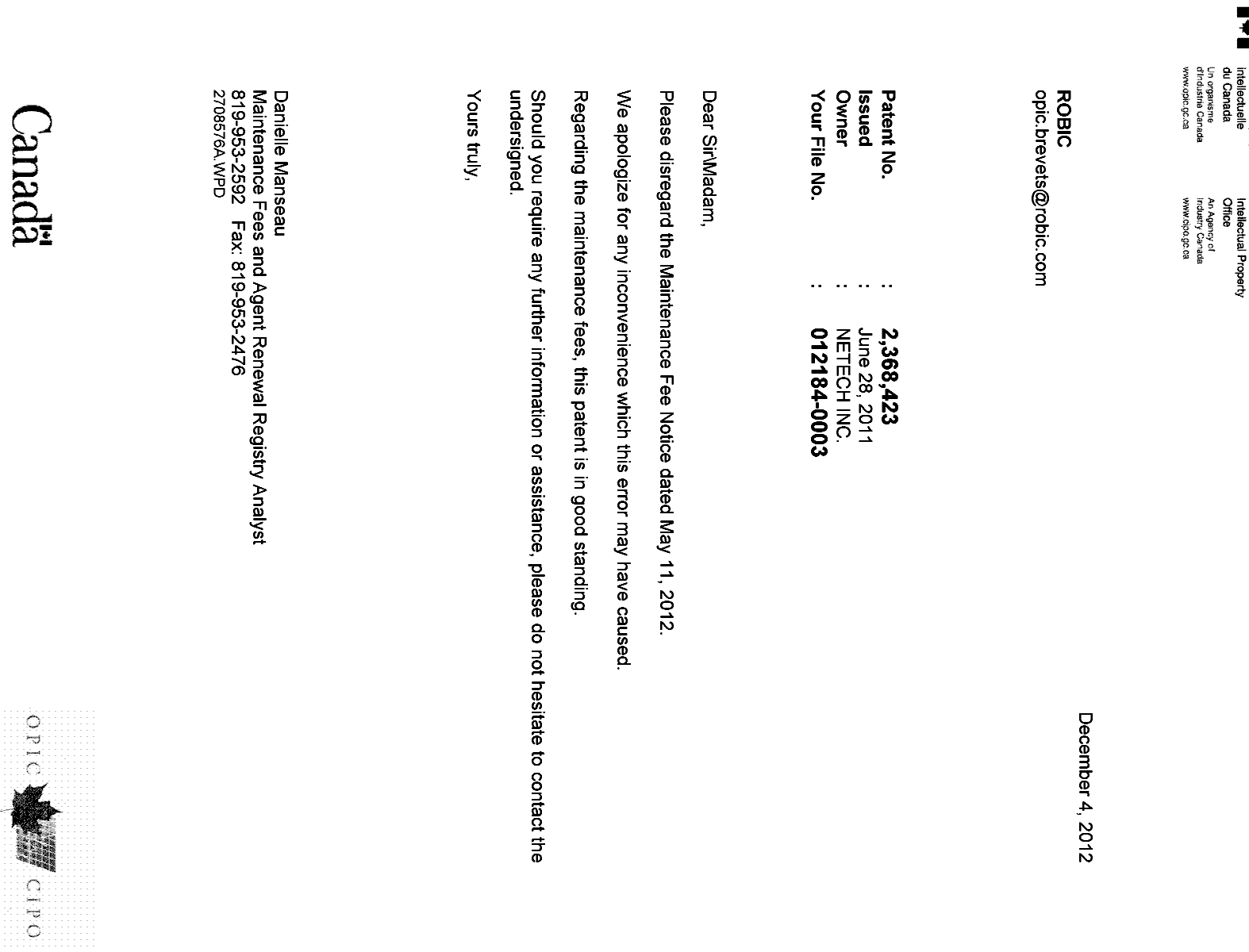 Canadian Patent Document 2368423. Correspondence 20121204. Image 1 of 1