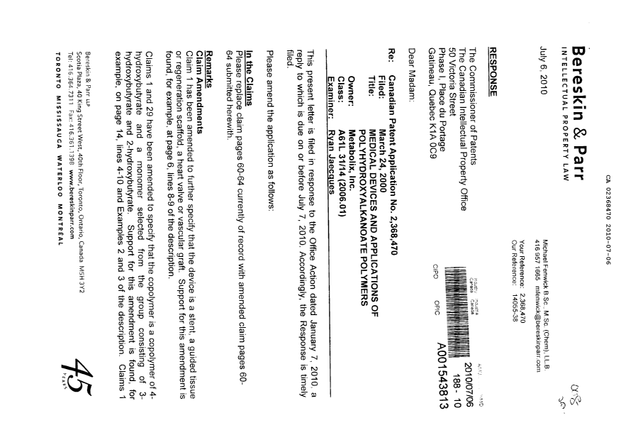 Document de brevet canadien 2368470. Poursuite-Amendment 20100706. Image 1 de 8