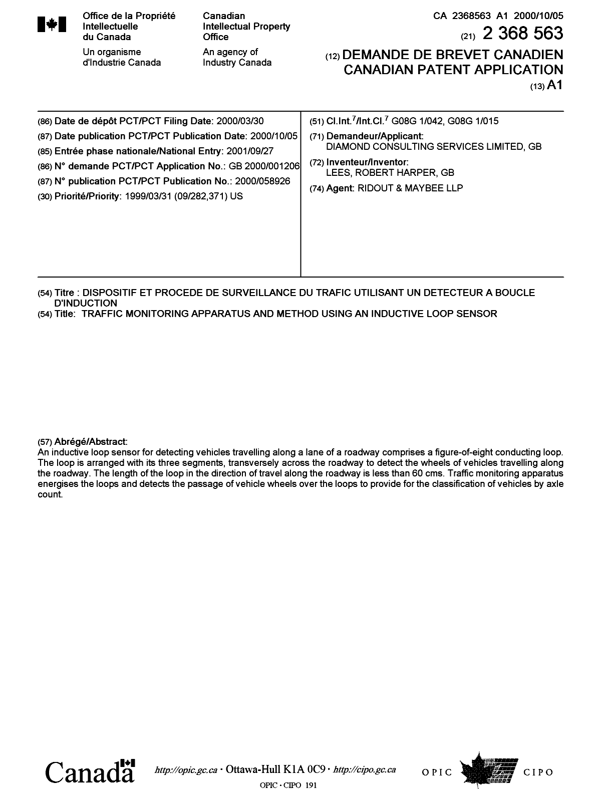Document de brevet canadien 2368563. Page couverture 20020312. Image 1 de 1