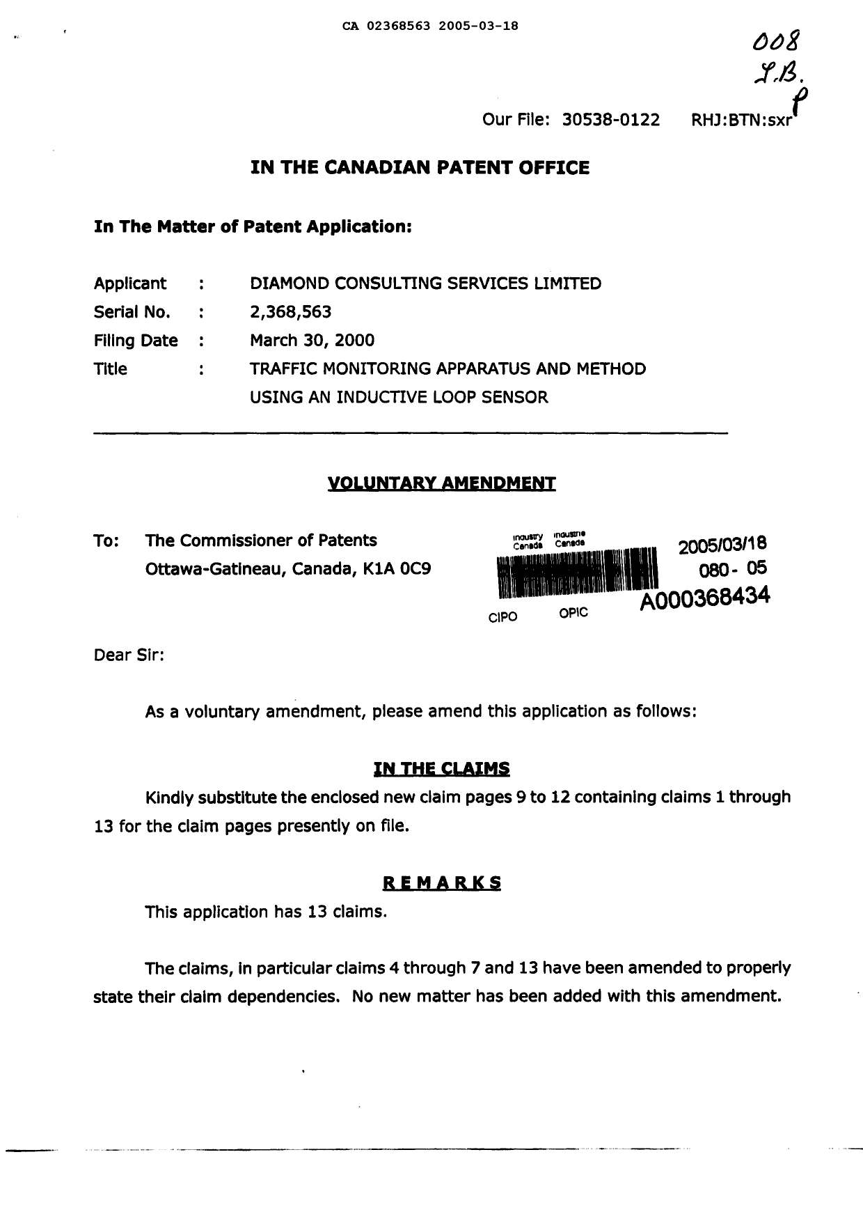 Document de brevet canadien 2368563. Poursuite-Amendment 20050318. Image 1 de 6