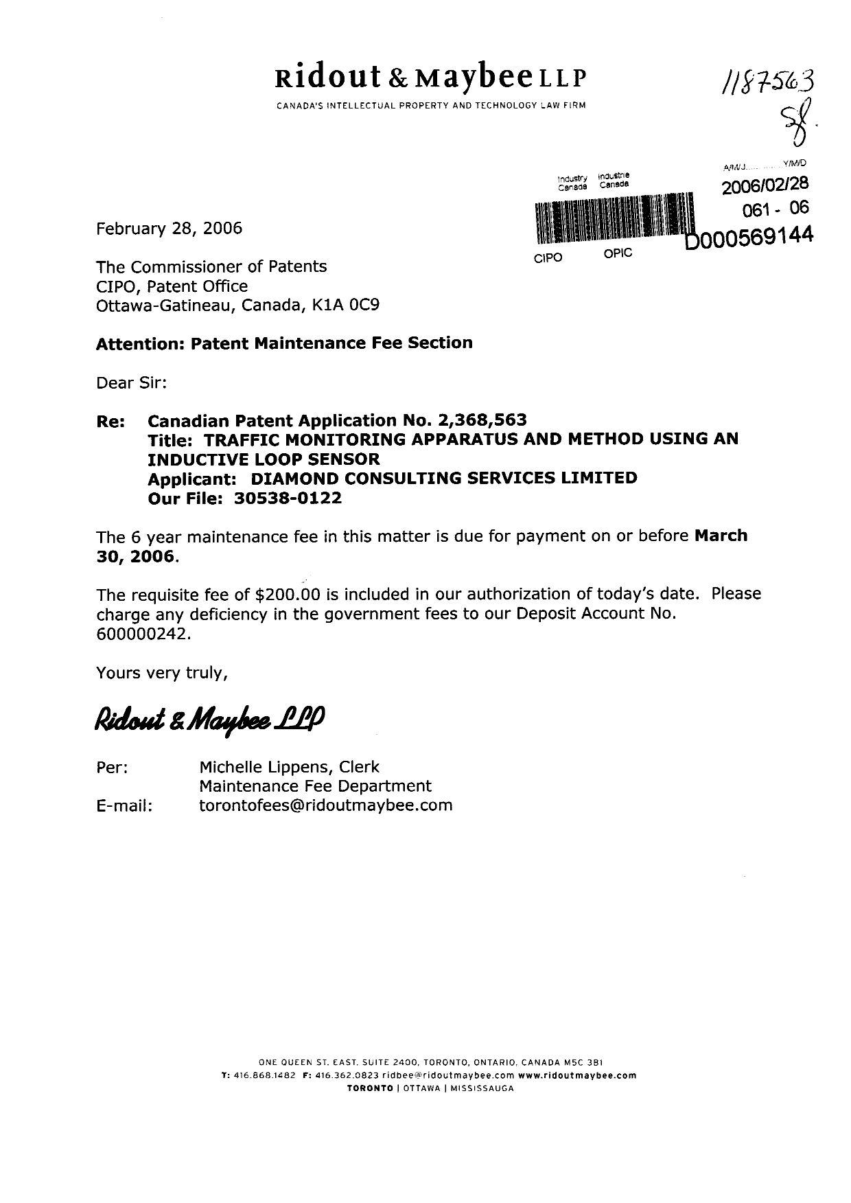 Document de brevet canadien 2368563. Taxes 20060228. Image 1 de 1
