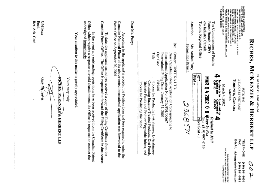 Document de brevet canadien 2368571. Correspondance 20020304. Image 1 de 1
