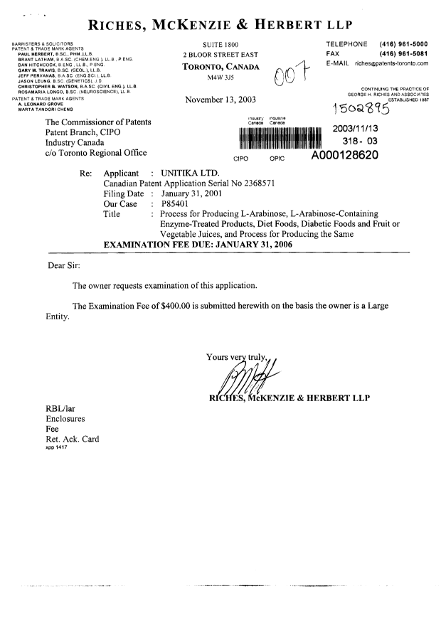 Canadian Patent Document 2368571. Prosecution-Amendment 20031113. Image 1 of 1