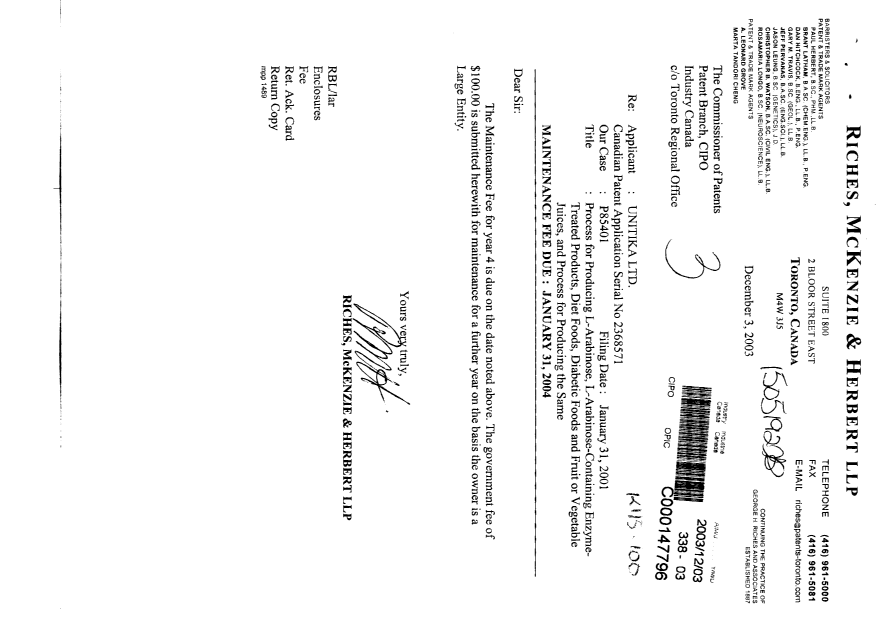 Document de brevet canadien 2368571. Taxes 20031203. Image 1 de 1