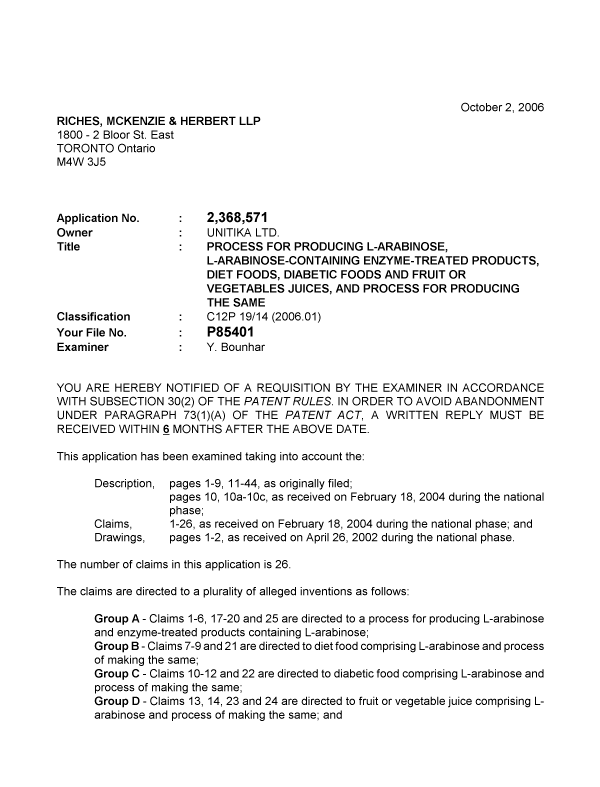 Canadian Patent Document 2368571. Prosecution-Amendment 20061002. Image 1 of 4
