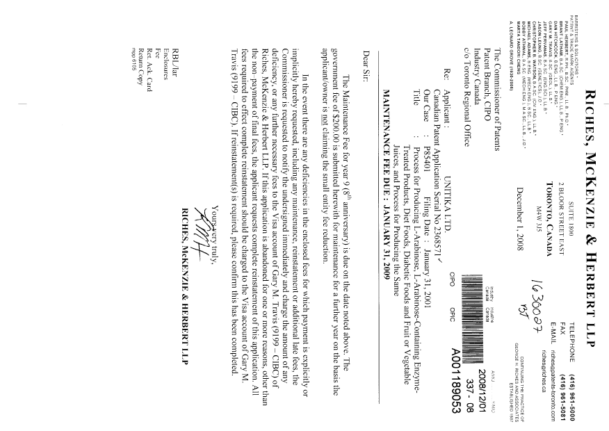 Document de brevet canadien 2368571. Taxes 20081201. Image 1 de 1