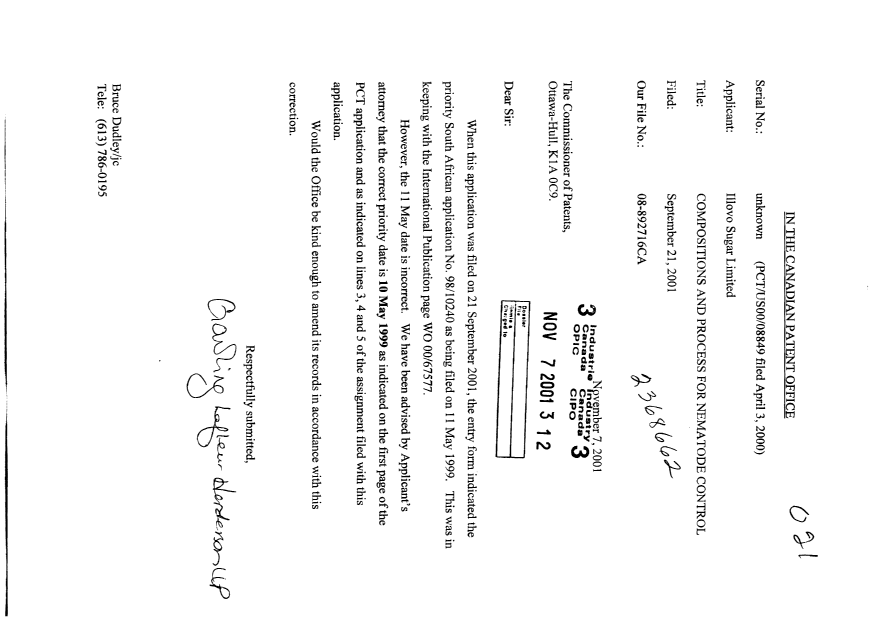 Document de brevet canadien 2368662. Correspondance 20011107. Image 1 de 1