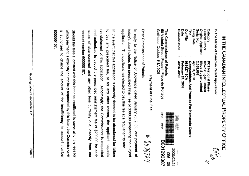 Document de brevet canadien 2368662. Correspondance 20090224. Image 1 de 2