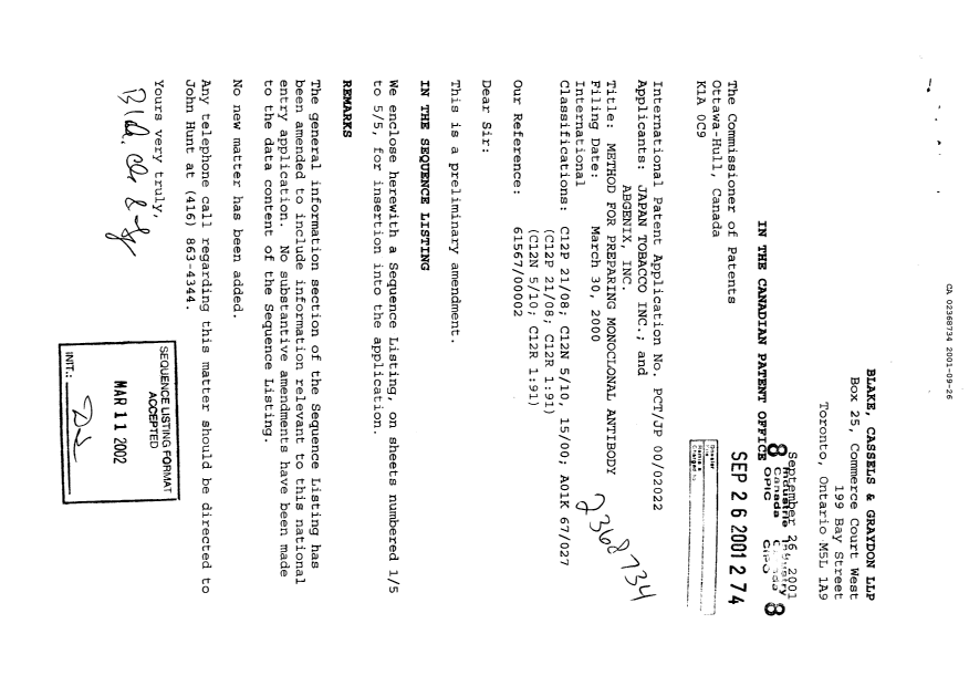Canadian Patent Document 2368734. Prosecution-Amendment 20010926. Image 1 of 7
