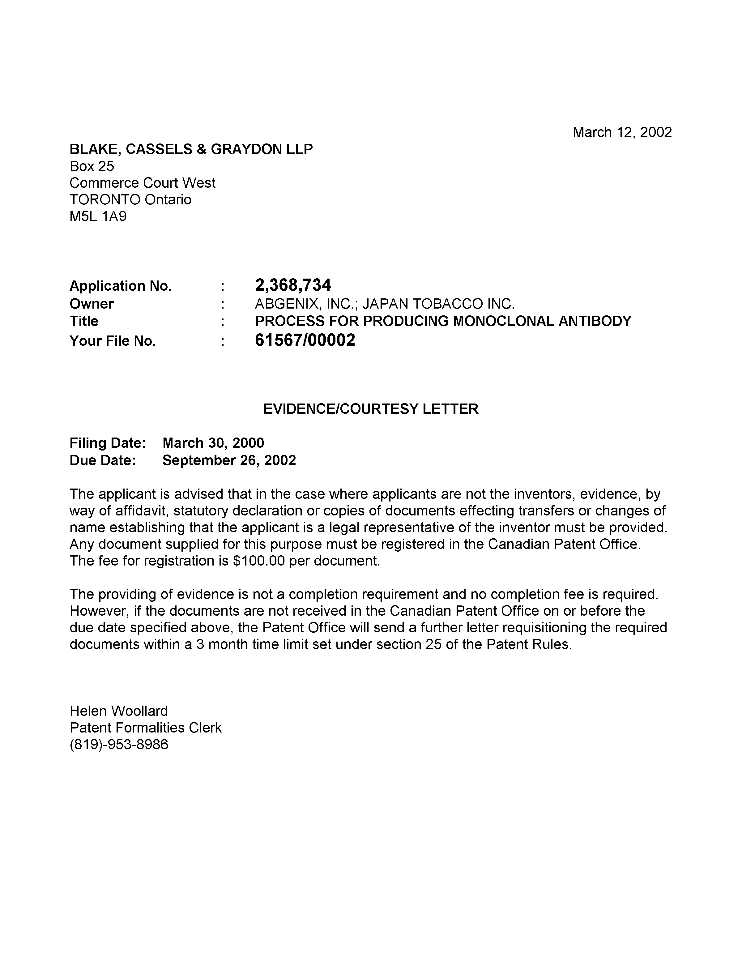 Canadian Patent Document 2368734. Correspondence 20020307. Image 1 of 1
