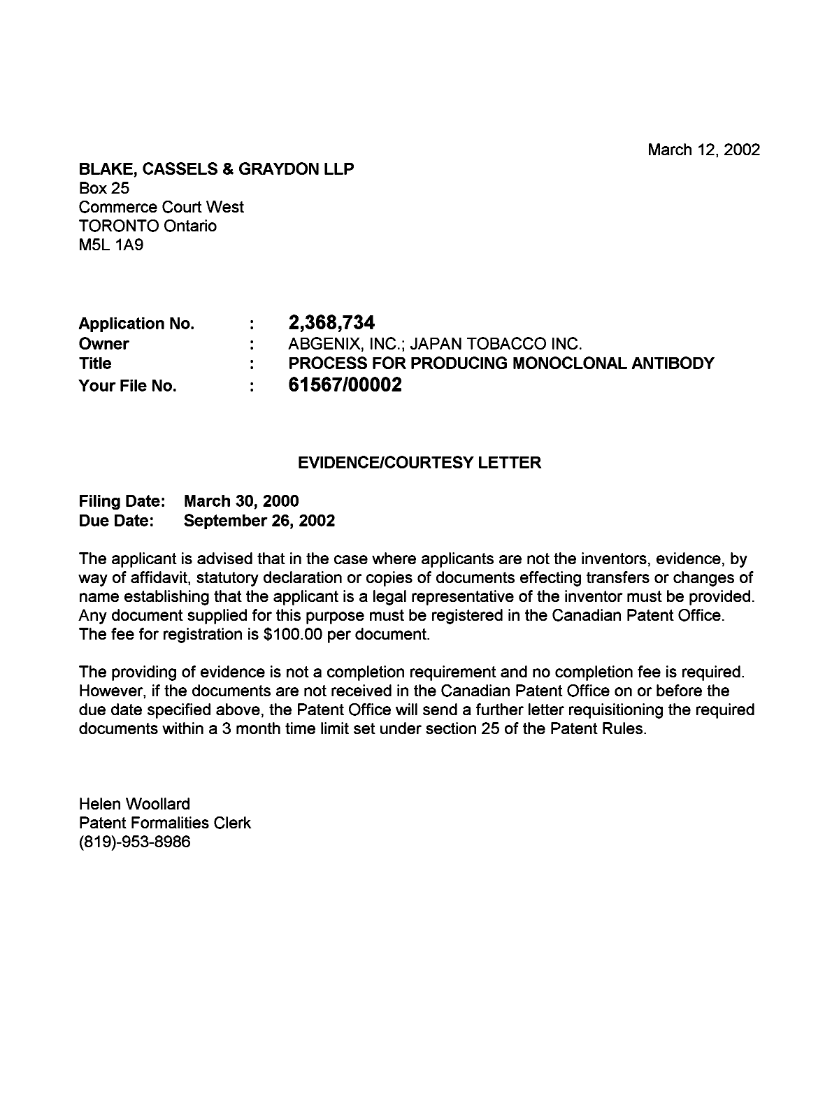 Document de brevet canadien 2368734. Correspondance 20020307. Image 1 de 1