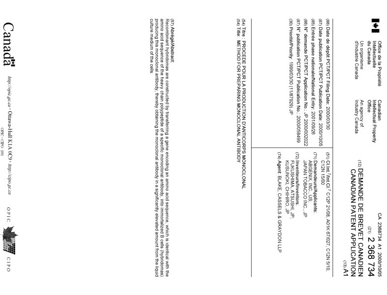 Document de brevet canadien 2368734. Page couverture 20020311. Image 1 de 1