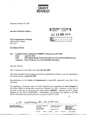Document de brevet canadien 2368934. Correspondance 20021029. Image 1 de 3