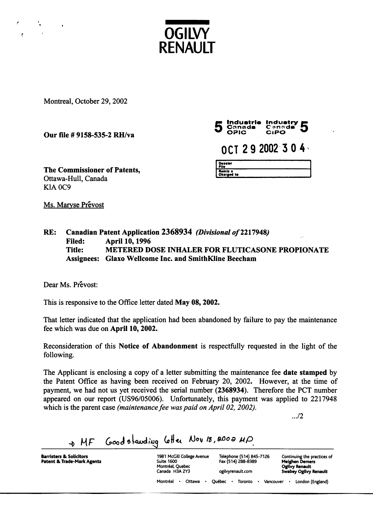 Canadian Patent Document 2368934. Correspondence 20021029. Image 1 of 3