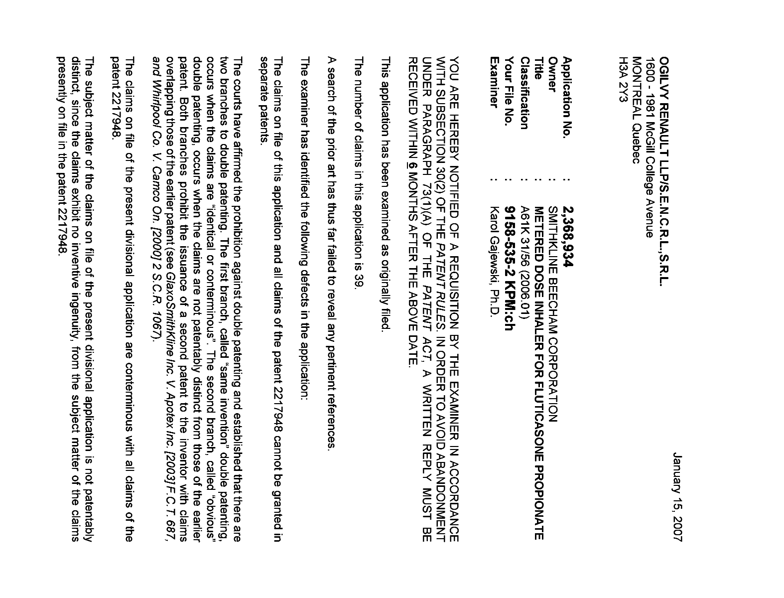 Canadian Patent Document 2368934. Prosecution-Amendment 20070115. Image 1 of 2