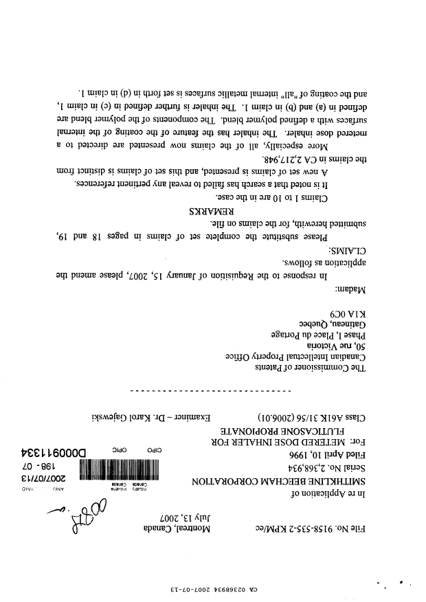 Canadian Patent Document 2368934. Prosecution-Amendment 20070713. Image 1 of 5