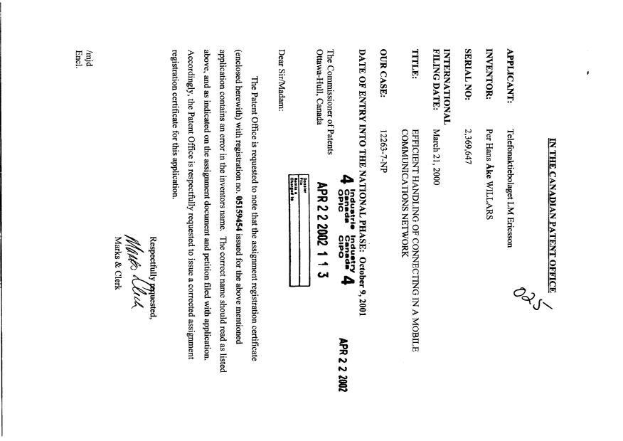 Document de brevet canadien 2369647. Cession 20020422. Image 1 de 2
