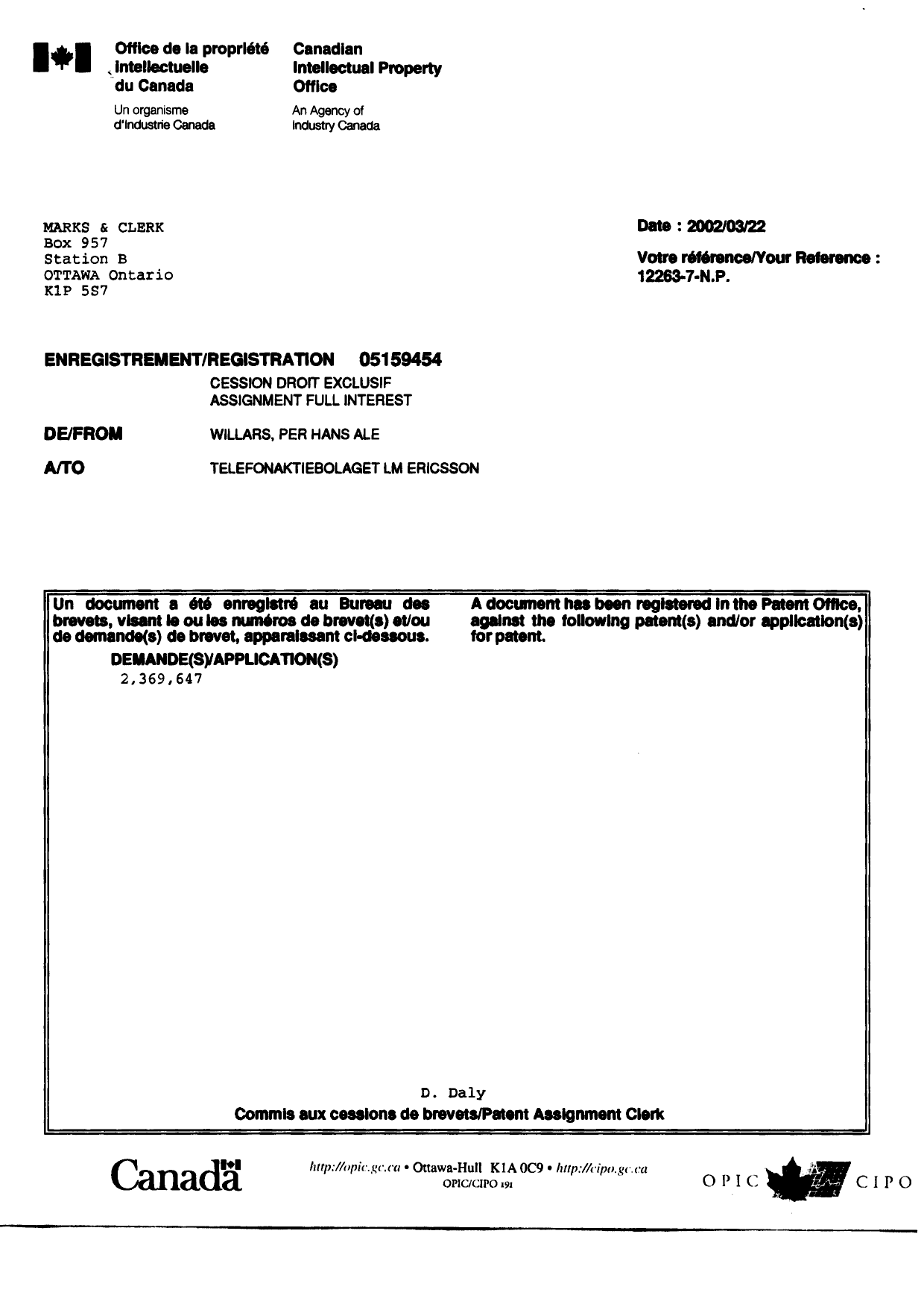 Canadian Patent Document 2369647. Assignment 20020422. Image 2 of 2